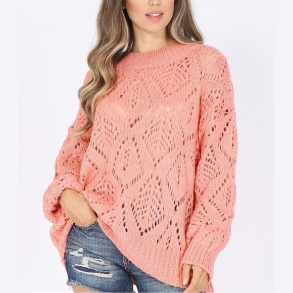 Sweaters - Chunky Diamond Hollow Knit Sweater Pink Sweater Crochet Sweater - SALE